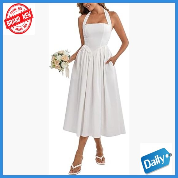 Floral Halter Corset Midi Dress with Pockets Smocked Back Wedding Guest